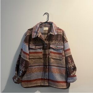 Oversized Southwestern Pattern Shacket Jacket - Brown Multi